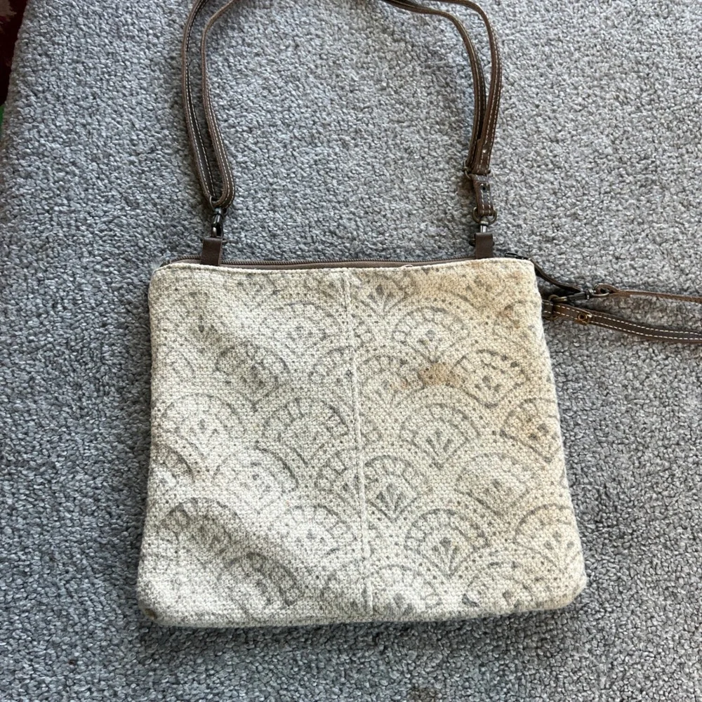 Myra Bag Crossbody Bag Cream Brown Hair-on Hide Canvas Western Boho dual‎ strap